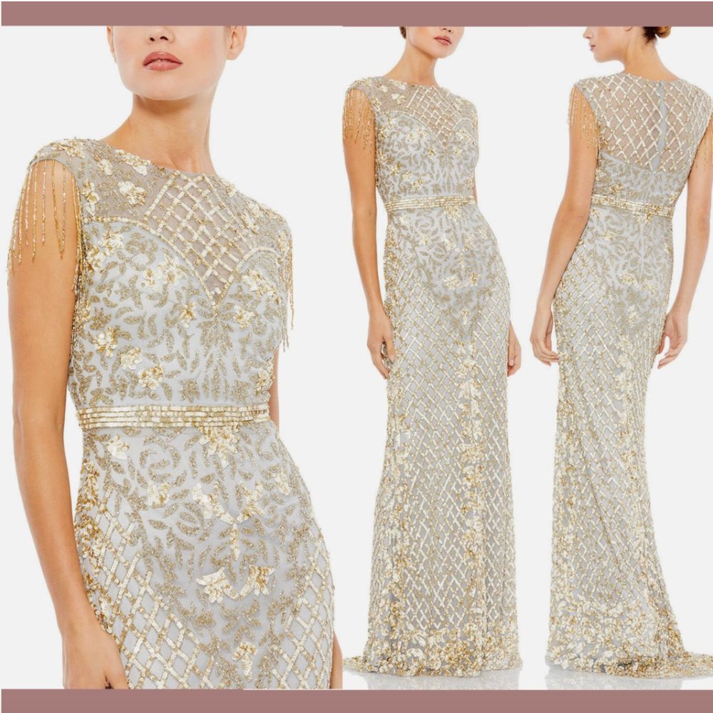 NWT $598 Mac Duggal [ 14 ] High Neck Sleeveless Beaded Fringe Gown Platinum Q596